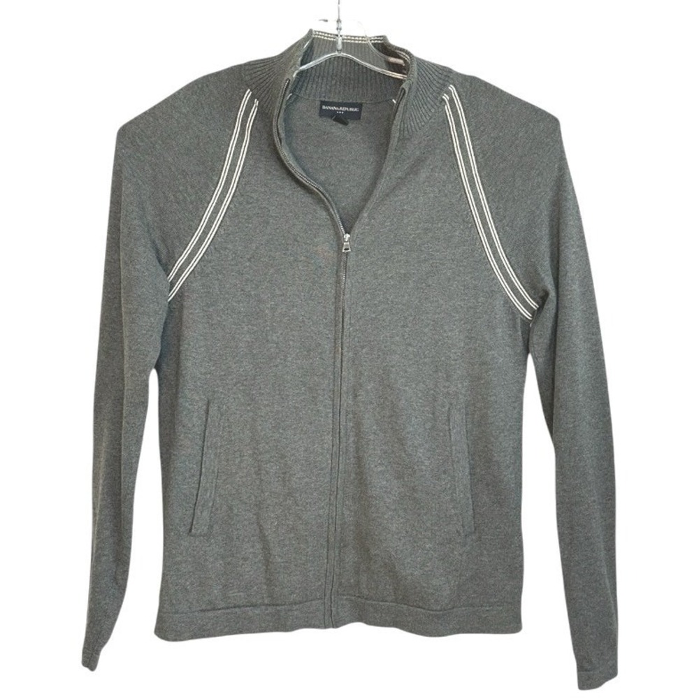 Banana Republic Cardigan Sweater Women Grey Full Zip Striped Classic Layering  M